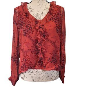 Womens 100% Silk Red Leopard Print Sheer Ruffle Blouse Large - Whimsygoth Boho